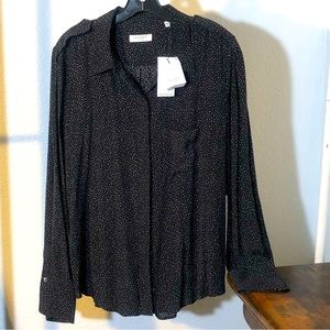 New Equipment Button Down Long Silk Shirt in Black Dot Print